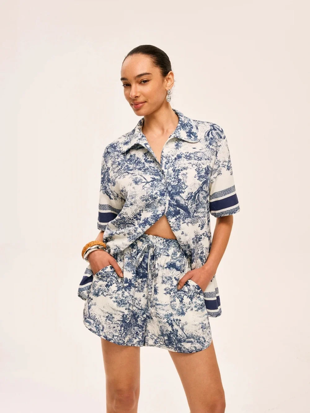 Commense Blue Printed Contrast Trim Shorts Set S | European Summer Co-Ord